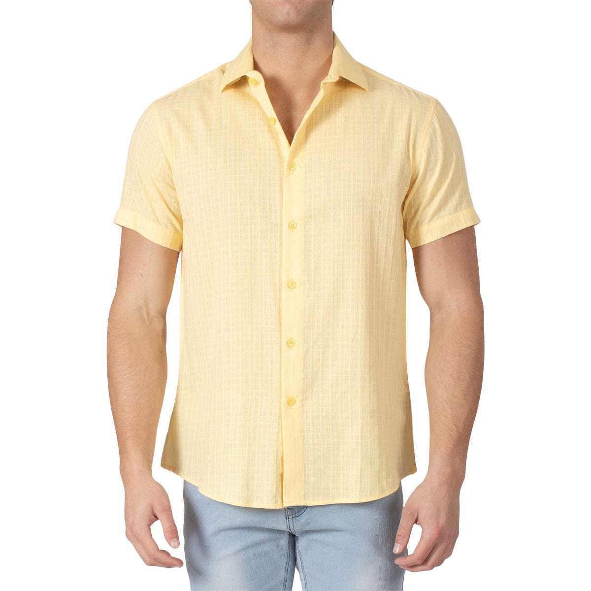 mustard yellow dress shirt short sleeve BESPOKE - Mens Yellow Button Up Short Sleeve Dress Shirt - Modern Fit -  172120
