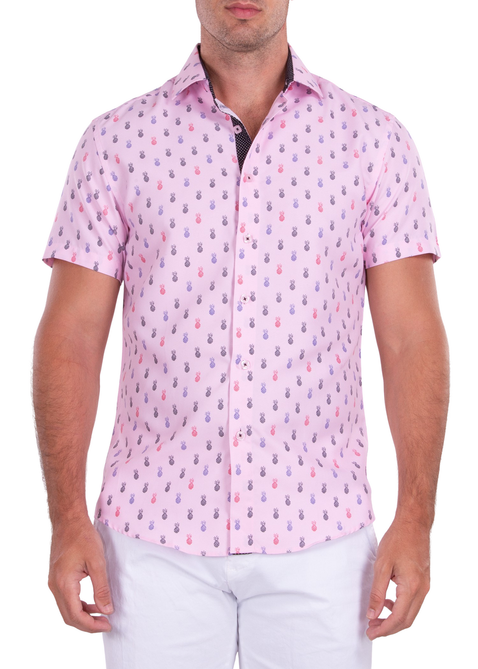 192020 - Pink Pineapple Print Button Up Short Sleeve Dress Shirt