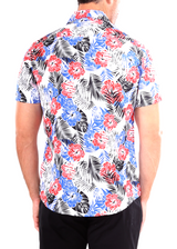 192081 - Blue Hawaiian Print Button Up Short Sleeve Dress Shirt