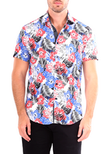 192081 - Blue Hawaiian Print Button Up Short Sleeve Dress Shirt