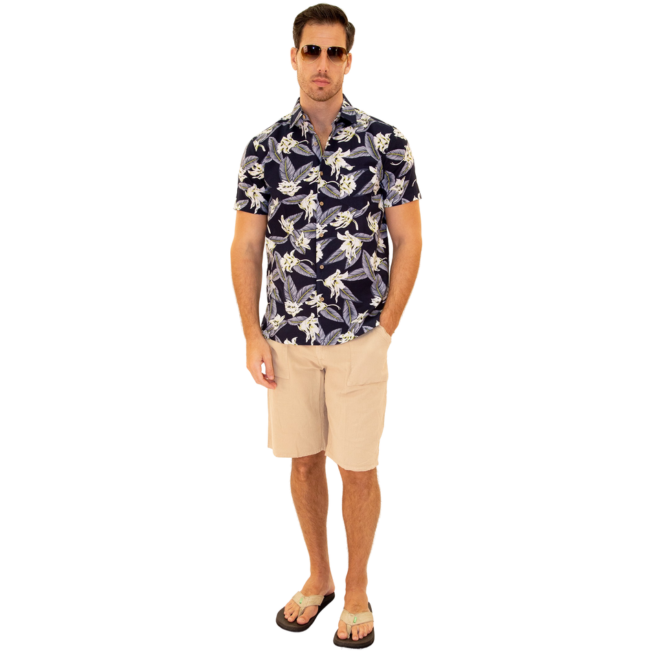 206001 - Navy Cotton Hawaiian Pocket Shirt