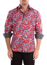 212205 - Men's Paisley On Gingham Red Button Up Long Sleeve Dress Shirt