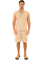 GZ1004 - Beige Cotton Drawstring Pocket Sleeveless Shirt