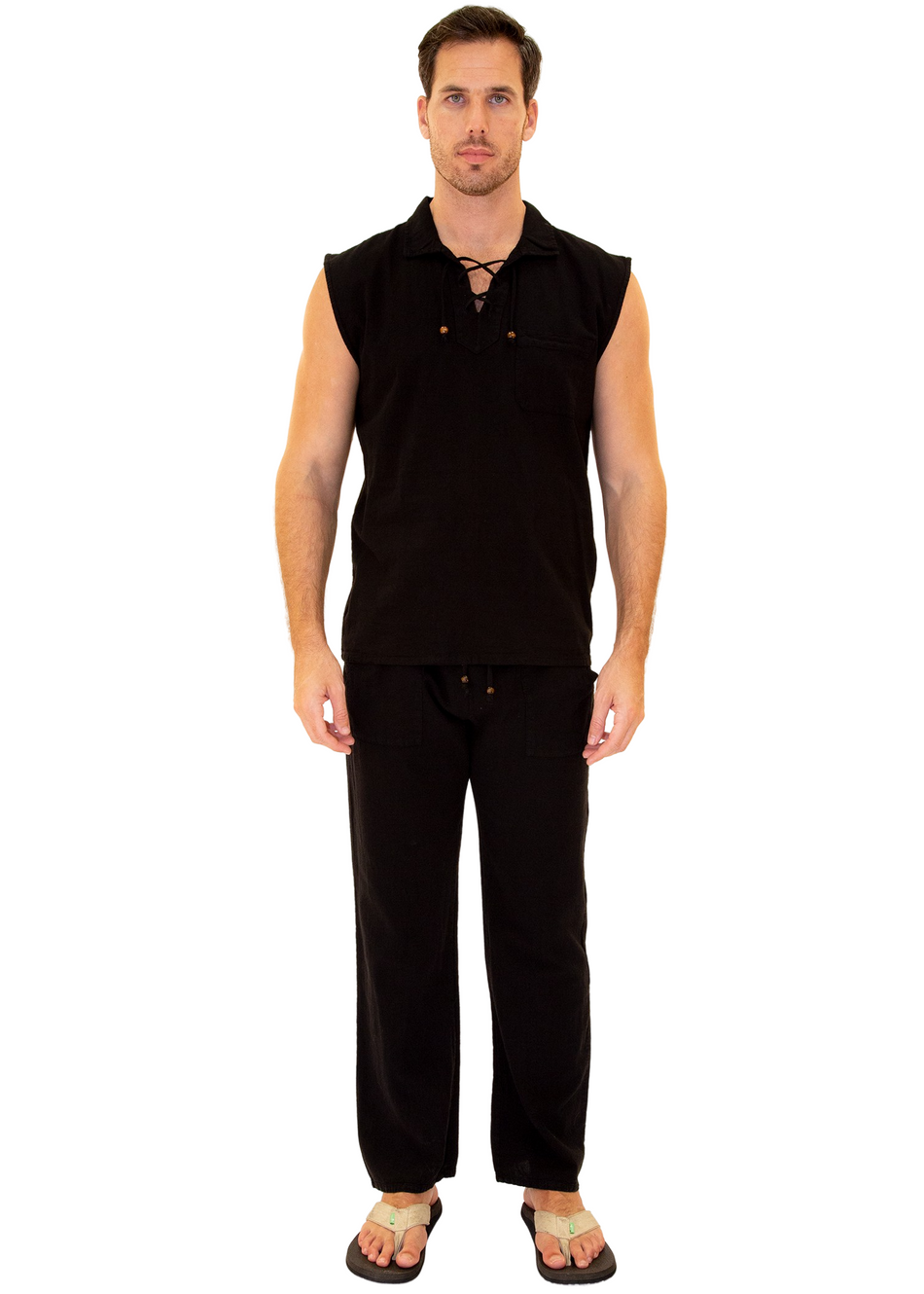 GZ1004 - Black Cotton Drawstring Pocket Sleeveless Shirt