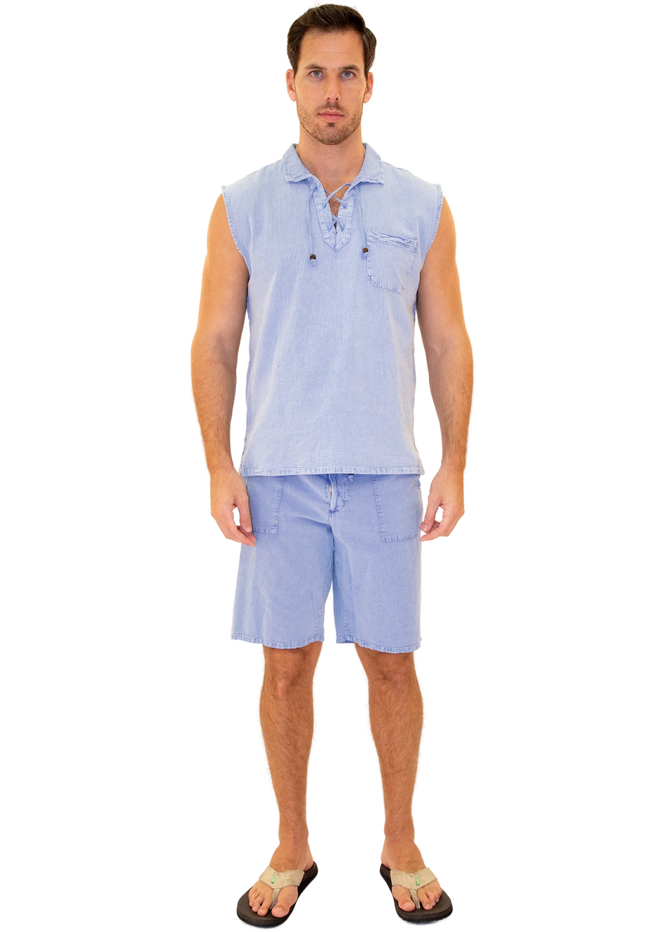 GZ1004 - Blue Cotton Drawstring Pocket Sleeveless Shirt