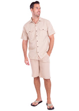 GZ1009 - Beige Cotton Button Down Pockets Shirt