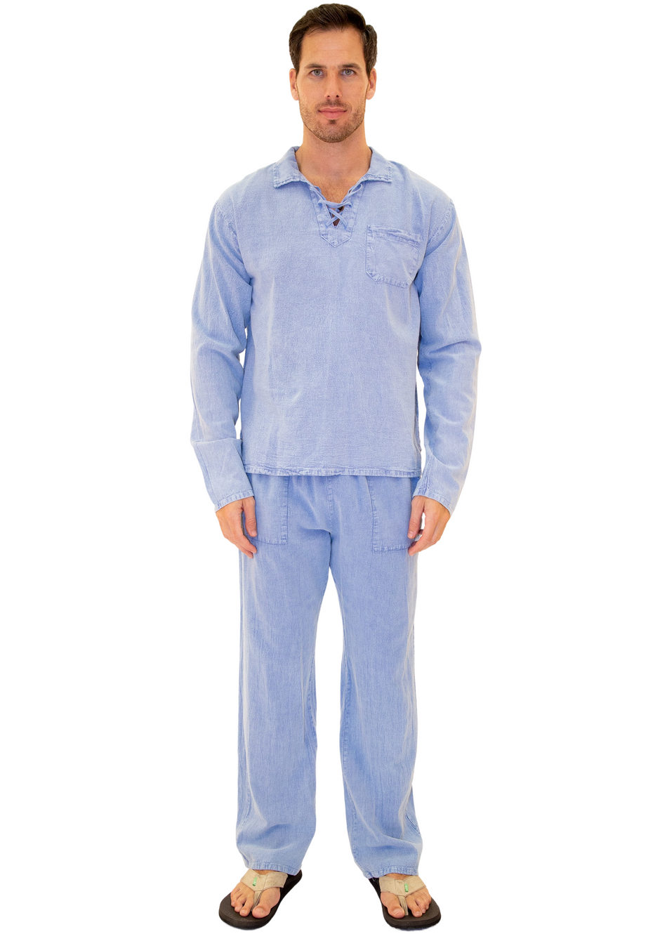 GZ1015 - Blue Cotton Drawstring Pocket Long Sleeves Shirt