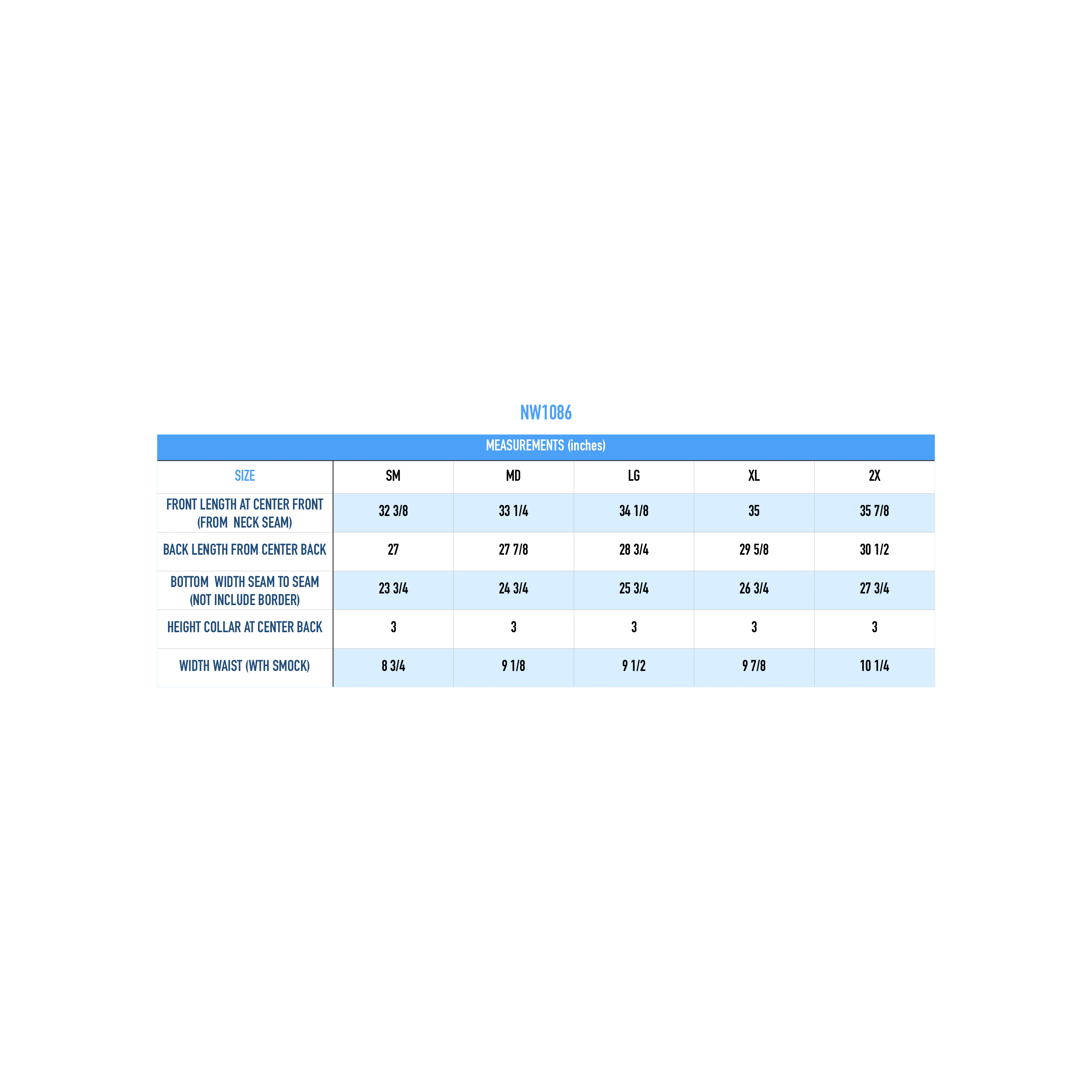 Size chart for NW1086 white cotton dress showing measurements in inches for sizes SM through 2X.